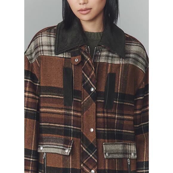 Anthropologie BlankNYC Brown Green Situationship Plaid Shirt Jacket NWT Size L - Picture 2 of 16